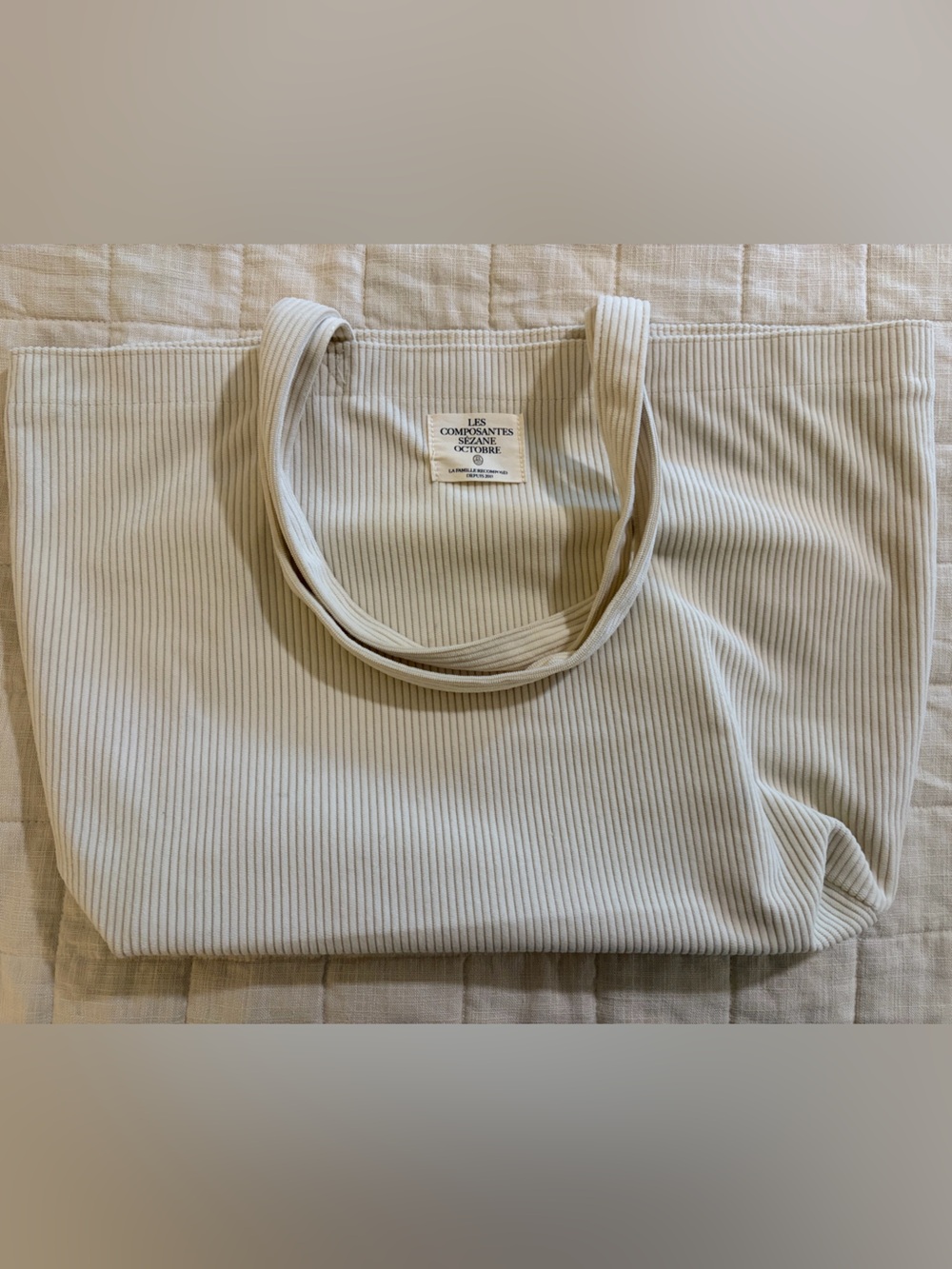 Sezane Corduroy Velvet Cream Ribbed Tote Bag